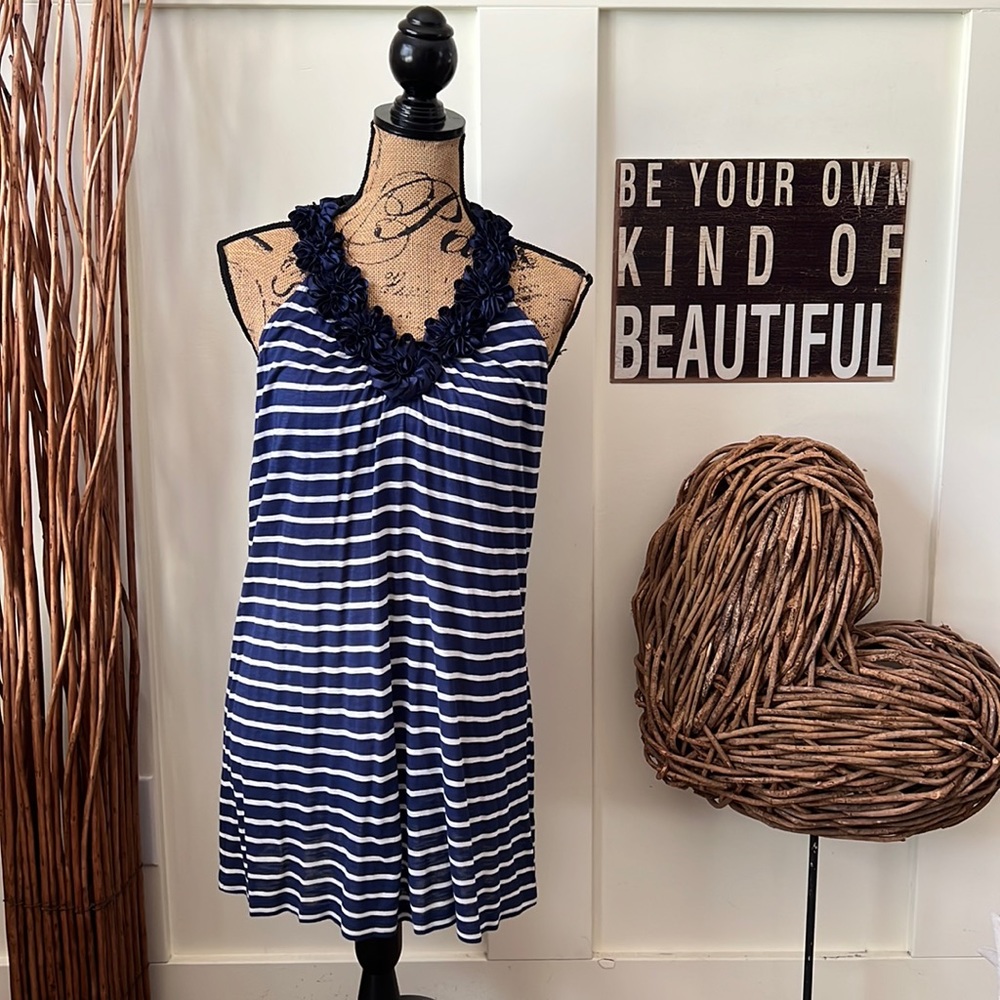 INC Blue And White Striped Floral Ribbon Embellished Racer Back Top